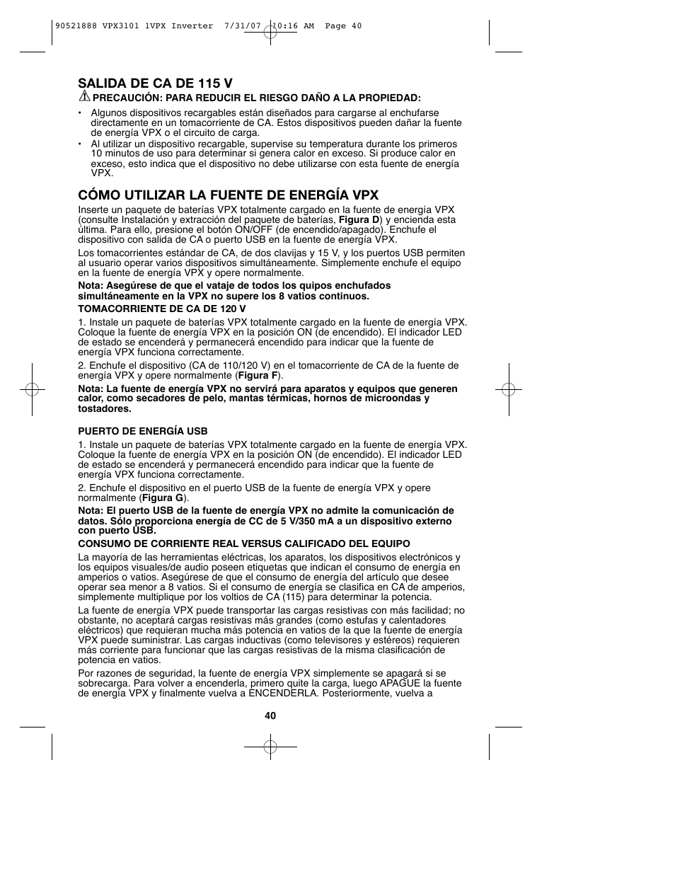 Salida de ca de 115 v, Cómo utilizar la fuente de energía vpx | Black & Decker 1VPX 90521888 User Manual | Page 40 / 47