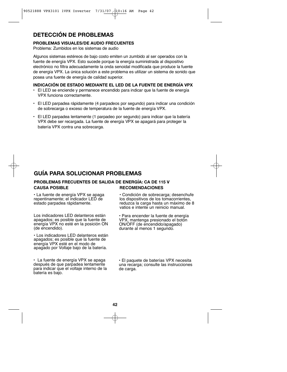 Guía para solucionar problemas, Detección de problemas | Black & Decker 1VPX 90521888 User Manual | Page 42 / 47
