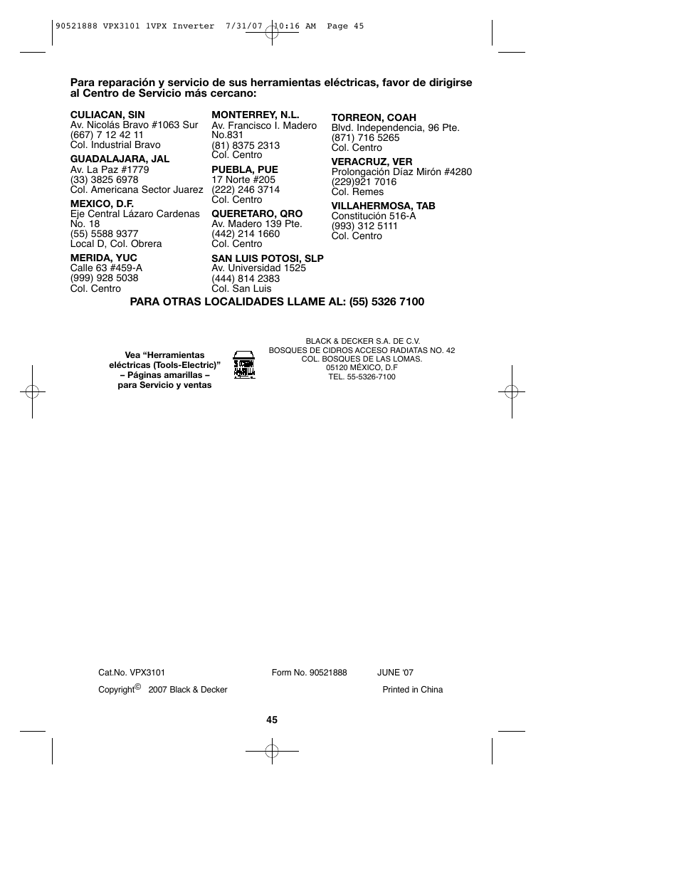 Black & Decker 1VPX 90521888 User Manual | Page 45 / 47