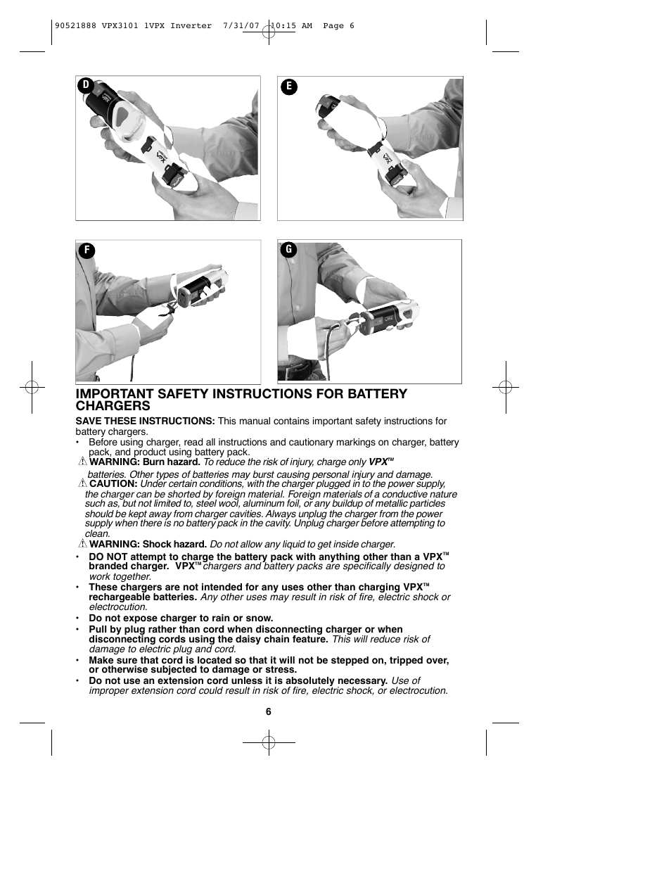 Important safety instructions for battery chargers | Black & Decker 1VPX 90521888 User Manual | Page 6 / 47