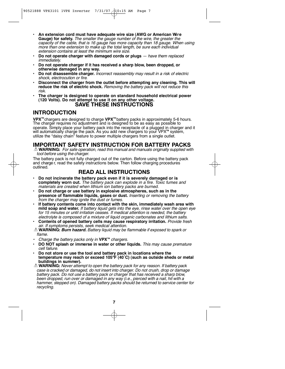 Save these instructions introduction, Important safety instruction for battery packs, Read all instructions | Black & Decker 1VPX 90521888 User Manual | Page 7 / 47