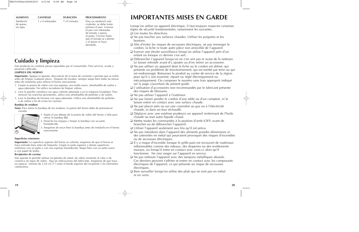 Importantes mises en garde, Cuidado y limpieza | Black & Decker TRO700b User Manual | Page 11 / 19