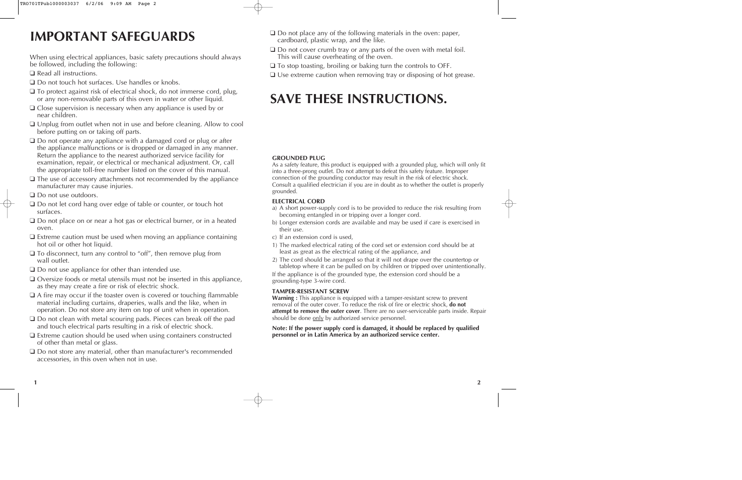 Important safeguards save these instructions | Black & Decker TRO700b User Manual | Page 2 / 19