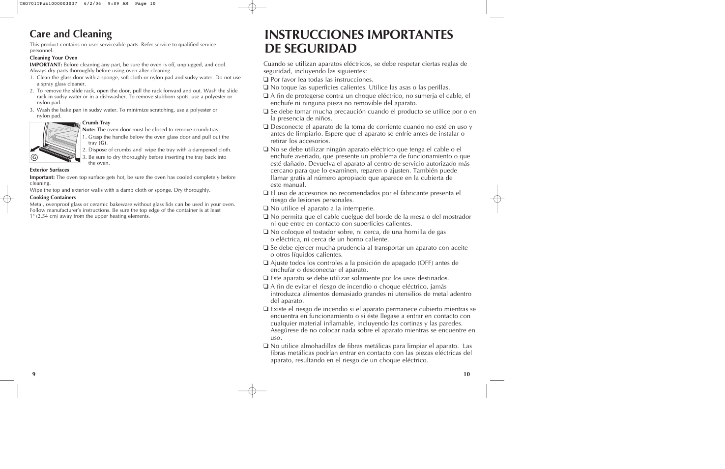 Instrucciones importantes de seguridad, Care and cleaning | Black & Decker TRO700b User Manual | Page 6 / 19