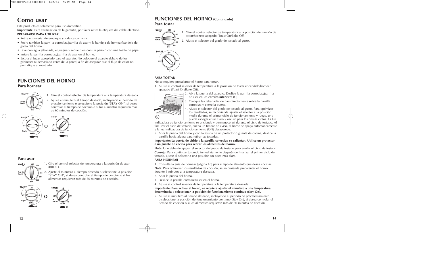 Como usar, Funciones del horno | Black & Decker TRO700b User Manual | Page 8 / 19
