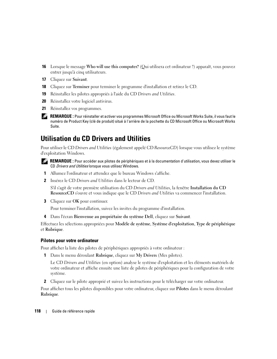 Utilisation du cd drivers and utilities, Pilotes pour votre ordinateur | Dell OptiPlex 745 User Manual | Page 118 / 360