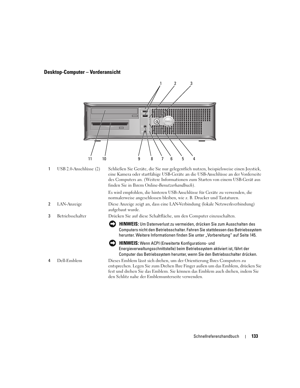 Desktop-computer - vorderansicht, Desktop-computer – vorderansicht | Dell OptiPlex 745 User Manual | Page 133 / 360