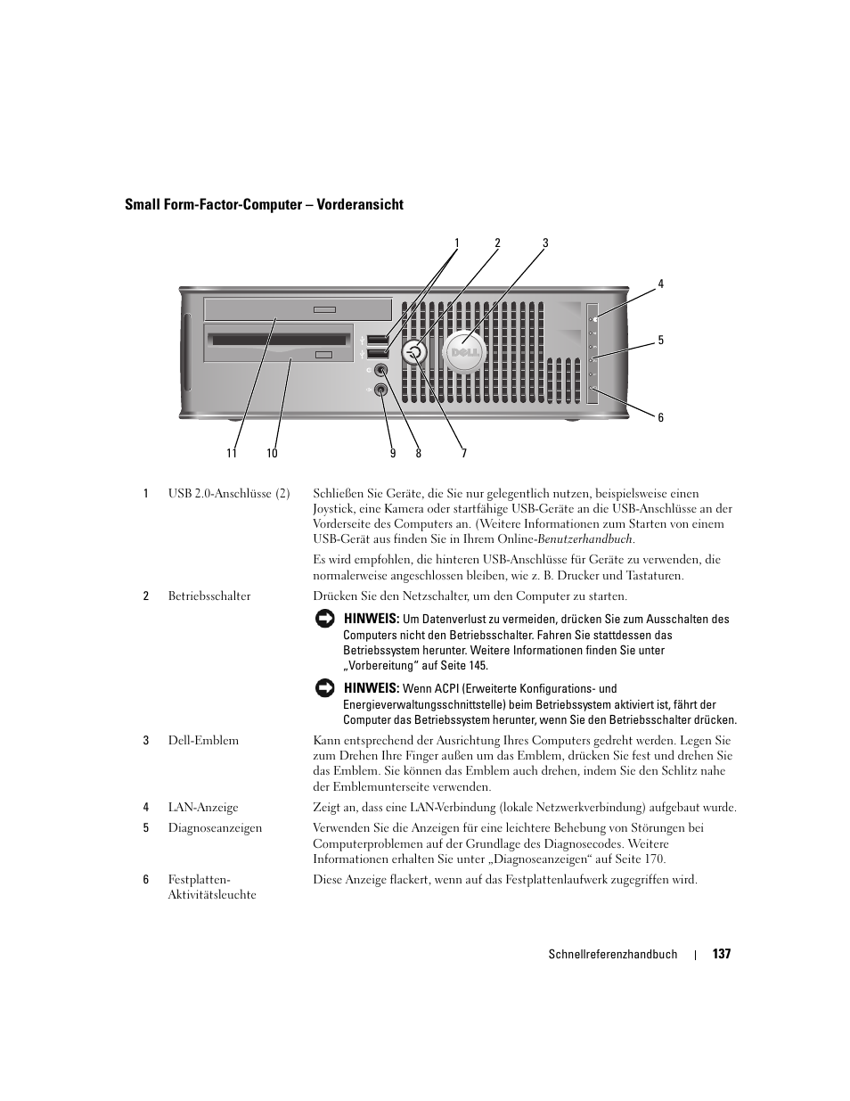 Small form-factor-computer - vorderansicht, Small form-factor-computer – vorderansicht | Dell OptiPlex 745 User Manual | Page 137 / 360