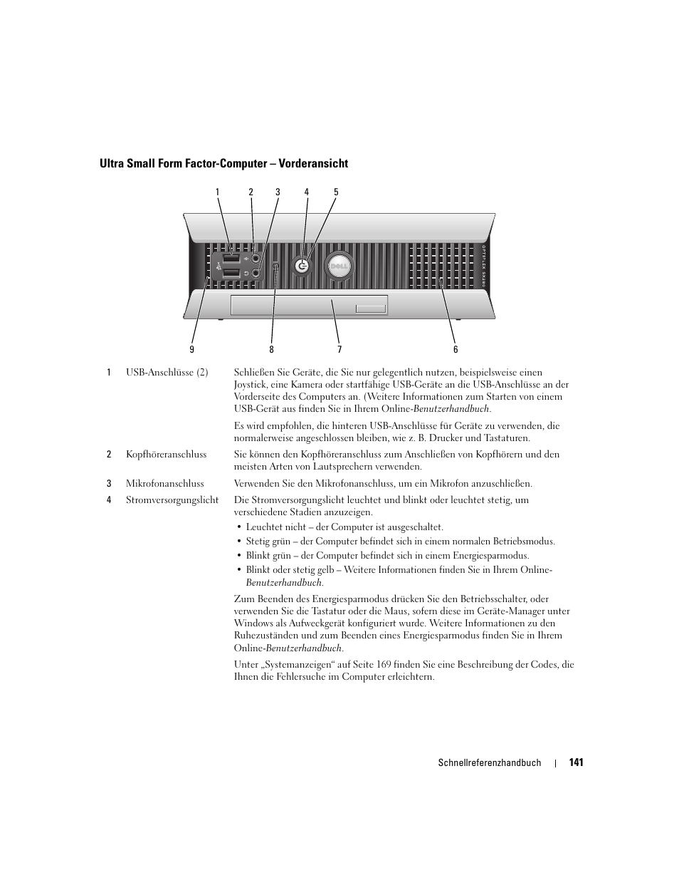 Ultra small form factor-computer - vorderansicht, Ultra small form factor-computer – vorderansicht | Dell OptiPlex 745 User Manual | Page 141 / 360