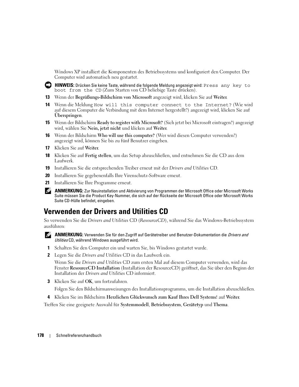 Verwenden der drivers and utilities cd | Dell OptiPlex 745 User Manual | Page 178 / 360