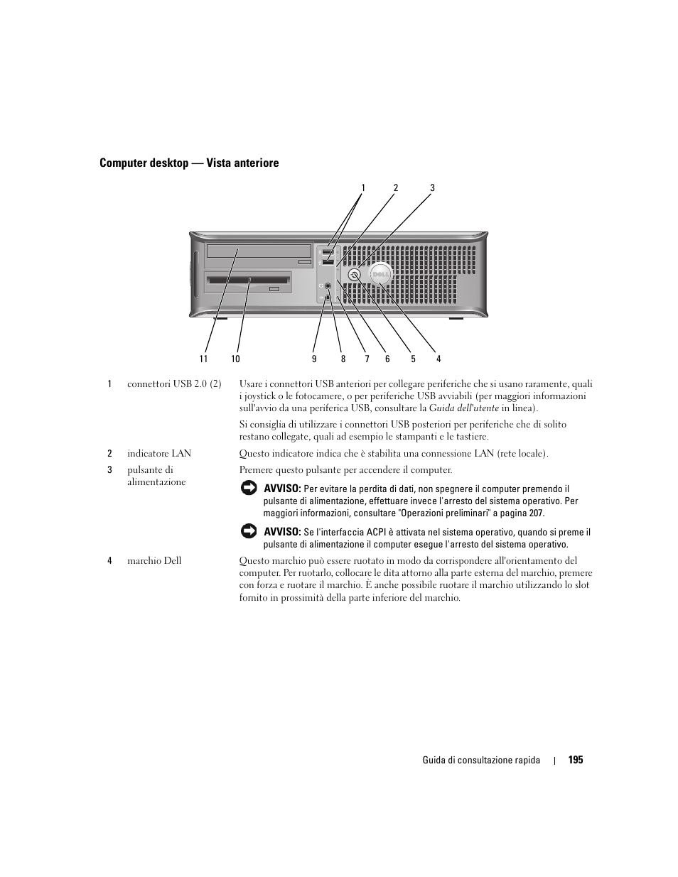 Computer desktop - vista anteriore, Computer desktop — vista anteriore | Dell OptiPlex 745 User Manual | Page 195 / 360