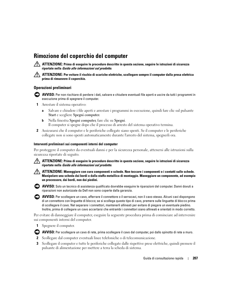 Rimozione del coperchio del computer, Operazioni preliminari | Dell OptiPlex 745 User Manual | Page 207 / 360