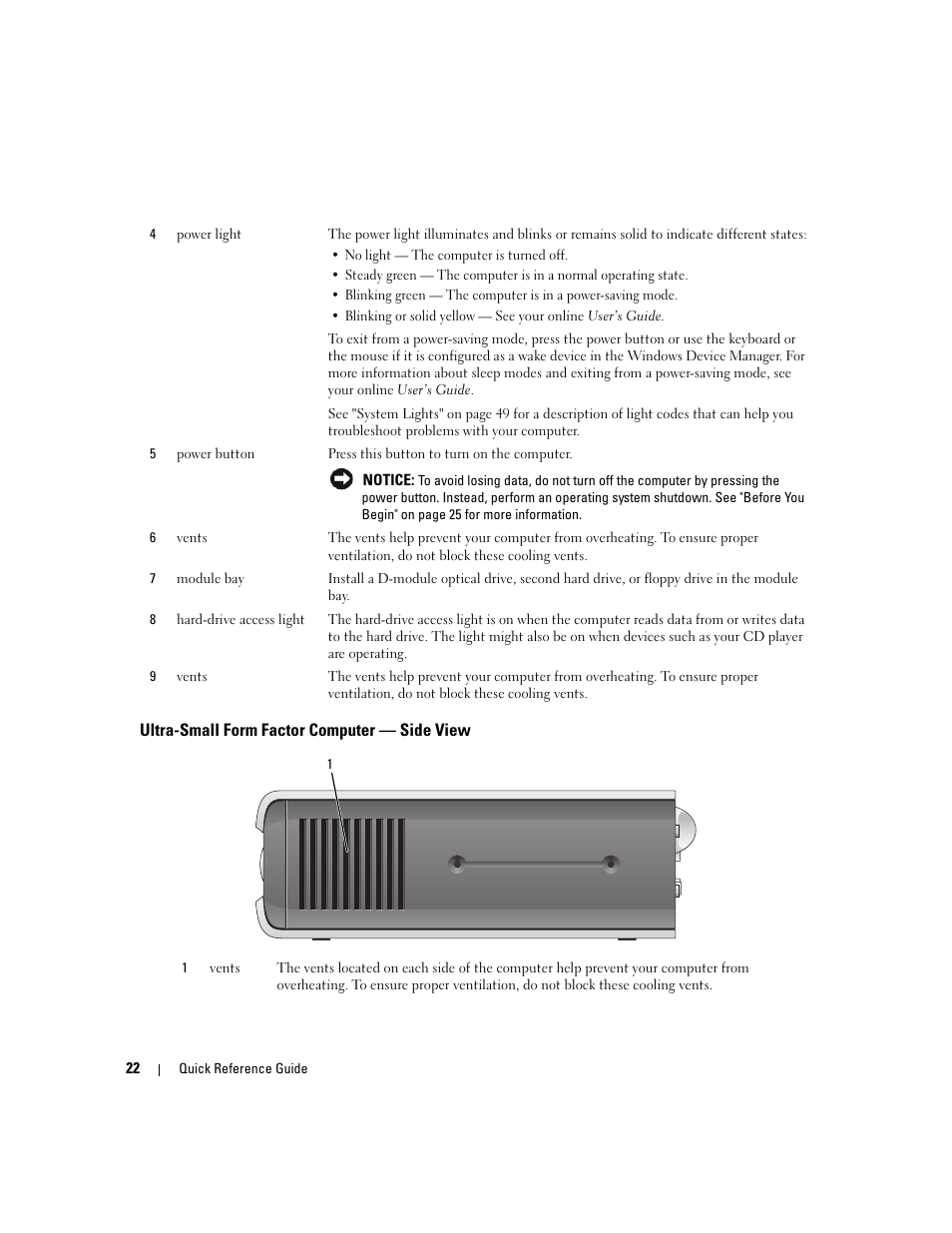 Ultra-small form factor computer - side view, Ultra-small form factor computer — side view | Dell OptiPlex 745 User Manual | Page 22 / 360