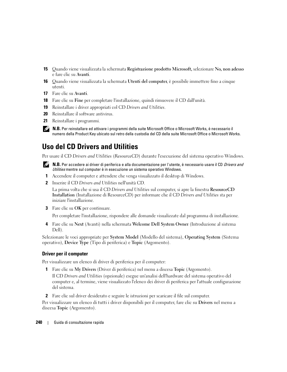 Uso del cd drivers and utilities, Driver per il computer | Dell OptiPlex 745 User Manual | Page 240 / 360