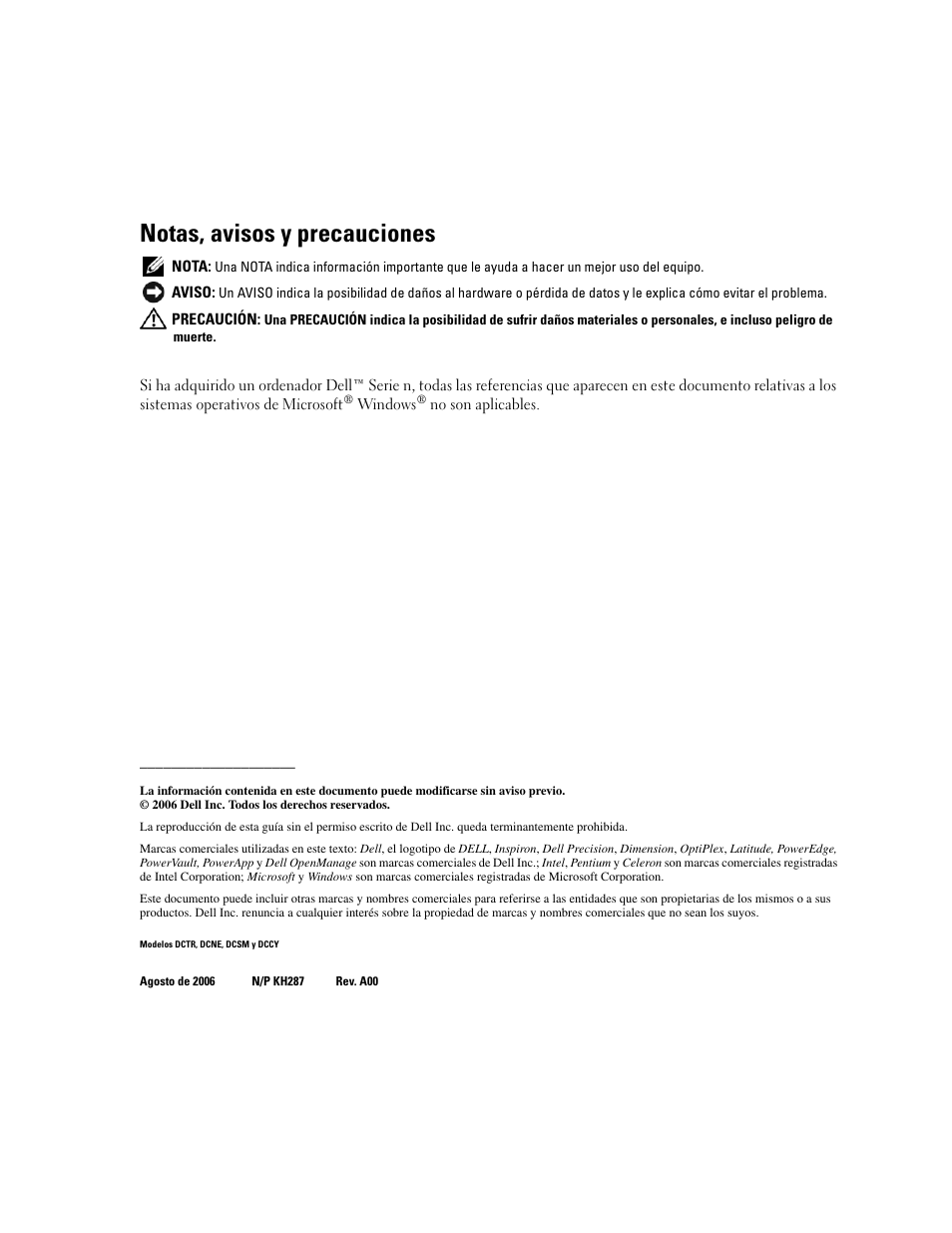 Notas, avisos y precauciones | Dell OptiPlex 745 User Manual | Page 244 / 360