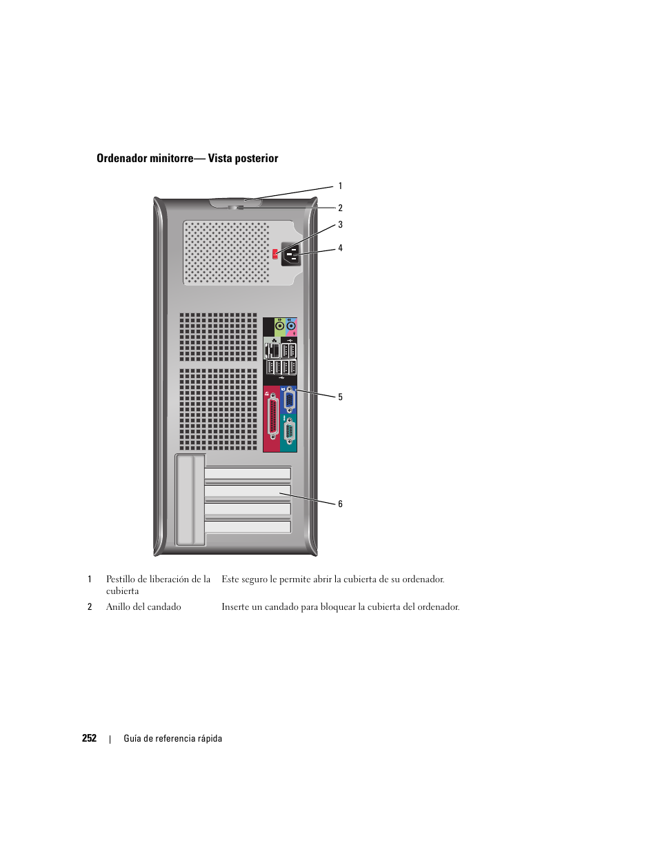 Ordenador minitorre- vista posterior, Ordenador minitorre— vista posterior | Dell OptiPlex 745 User Manual | Page 252 / 360