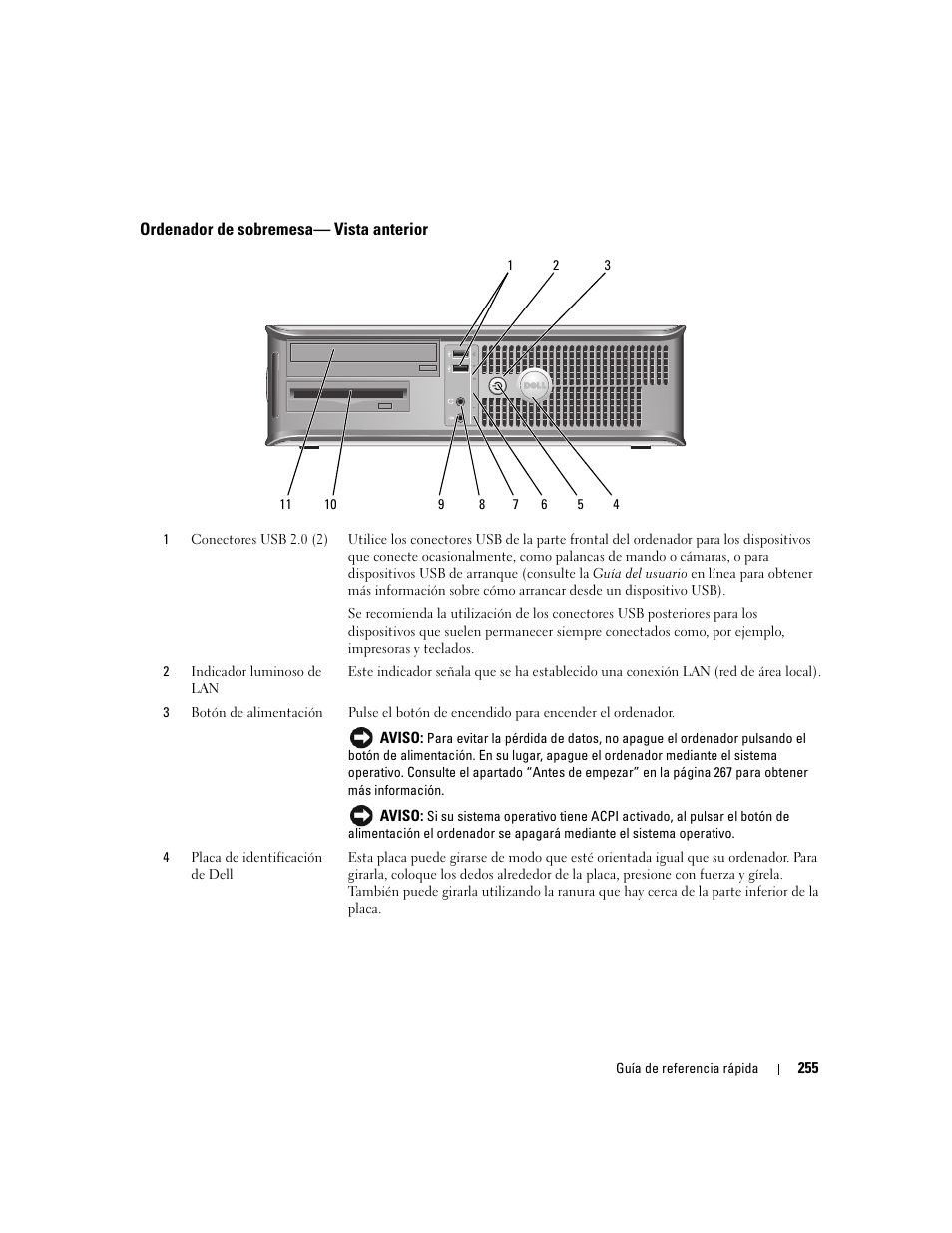 Ordenador de sobremesa- vista anterior, Ordenador de sobremesa— vista anterior | Dell OptiPlex 745 User Manual | Page 255 / 360