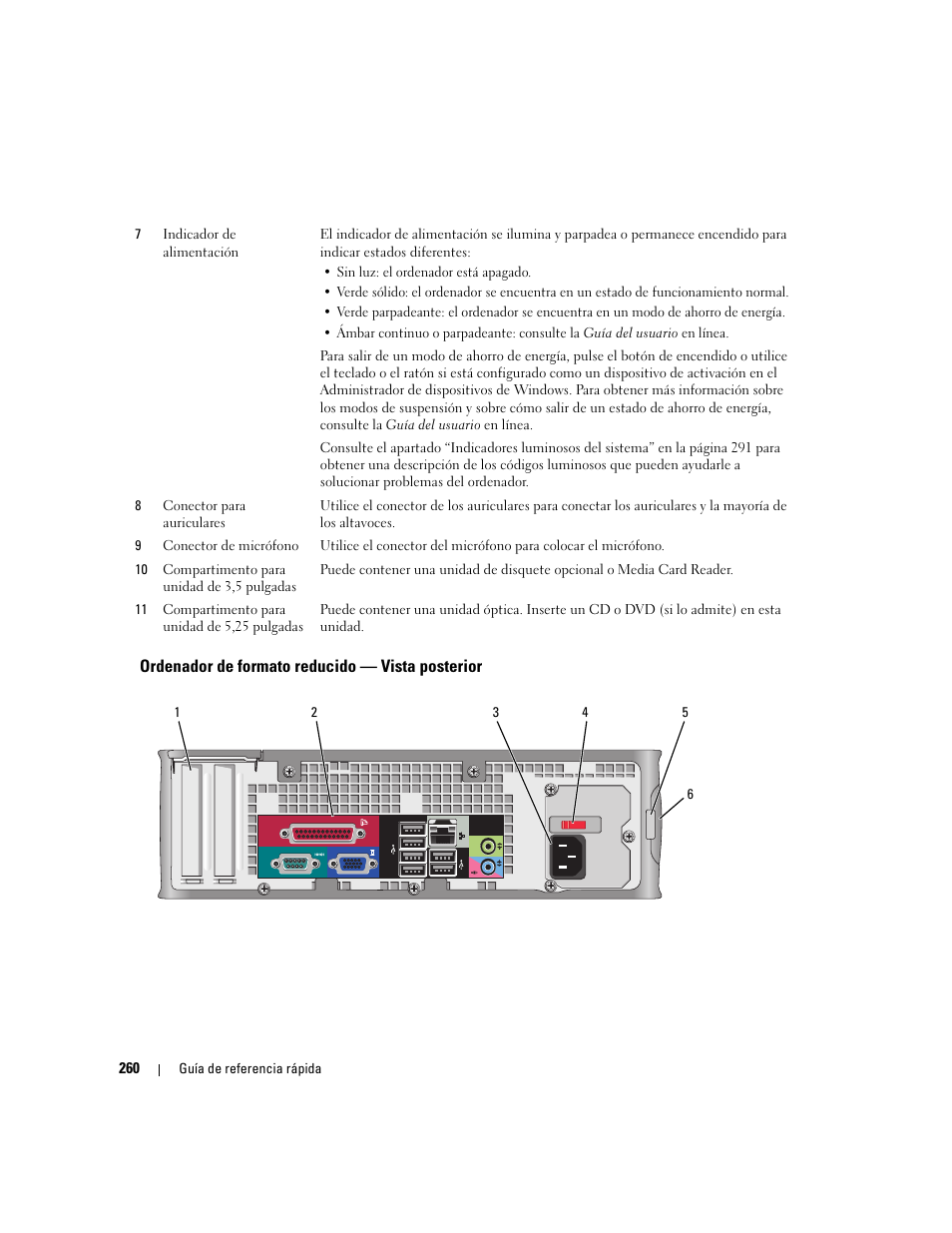 Ordenador de formato reducido - vista posterior, Ordenador de formato reducido — vista posterior | Dell OptiPlex 745 User Manual | Page 260 / 360