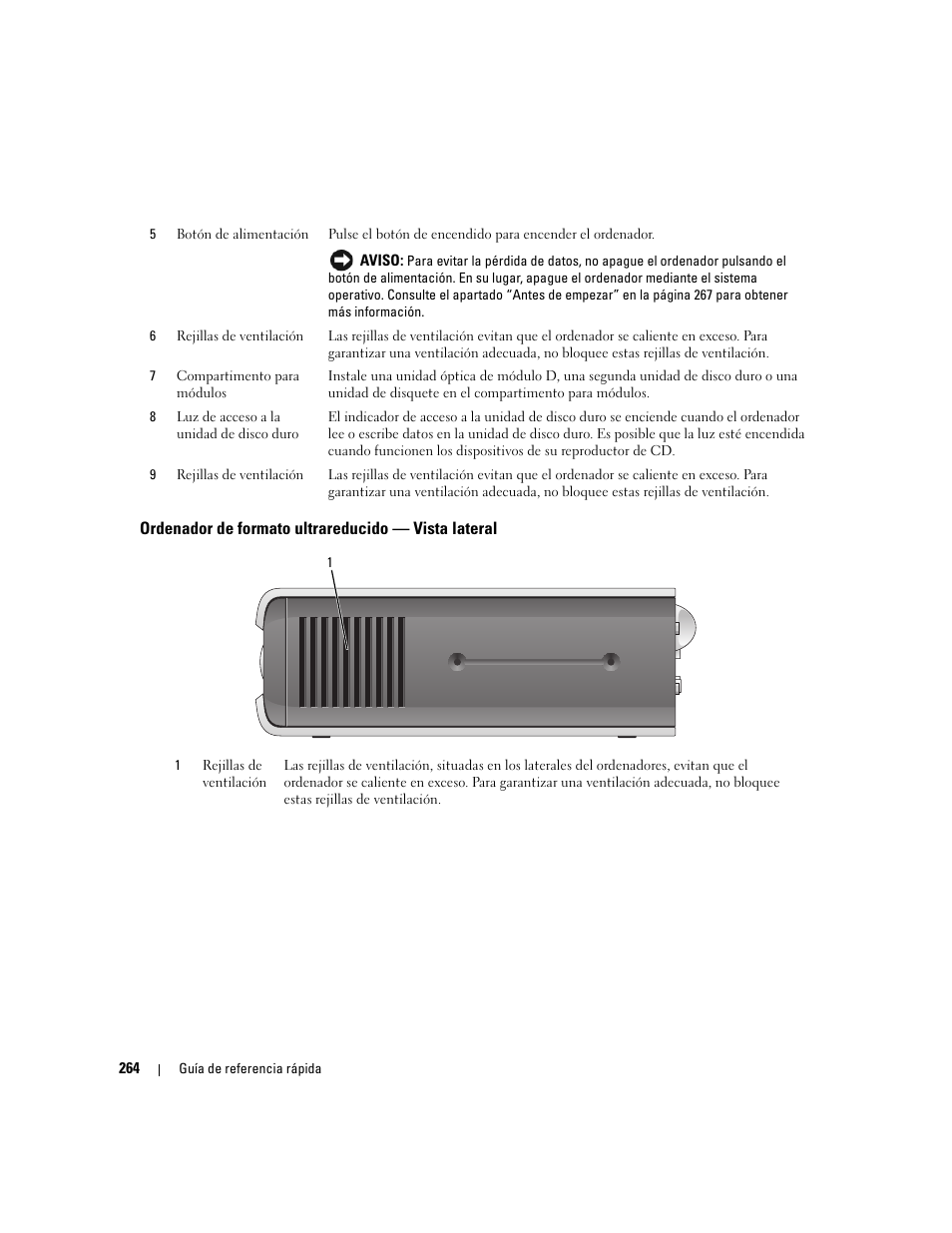 Ordenador de formato ultrareducido - vista lateral, Ordenador de formato ultrareducido — vista lateral | Dell OptiPlex 745 User Manual | Page 264 / 360