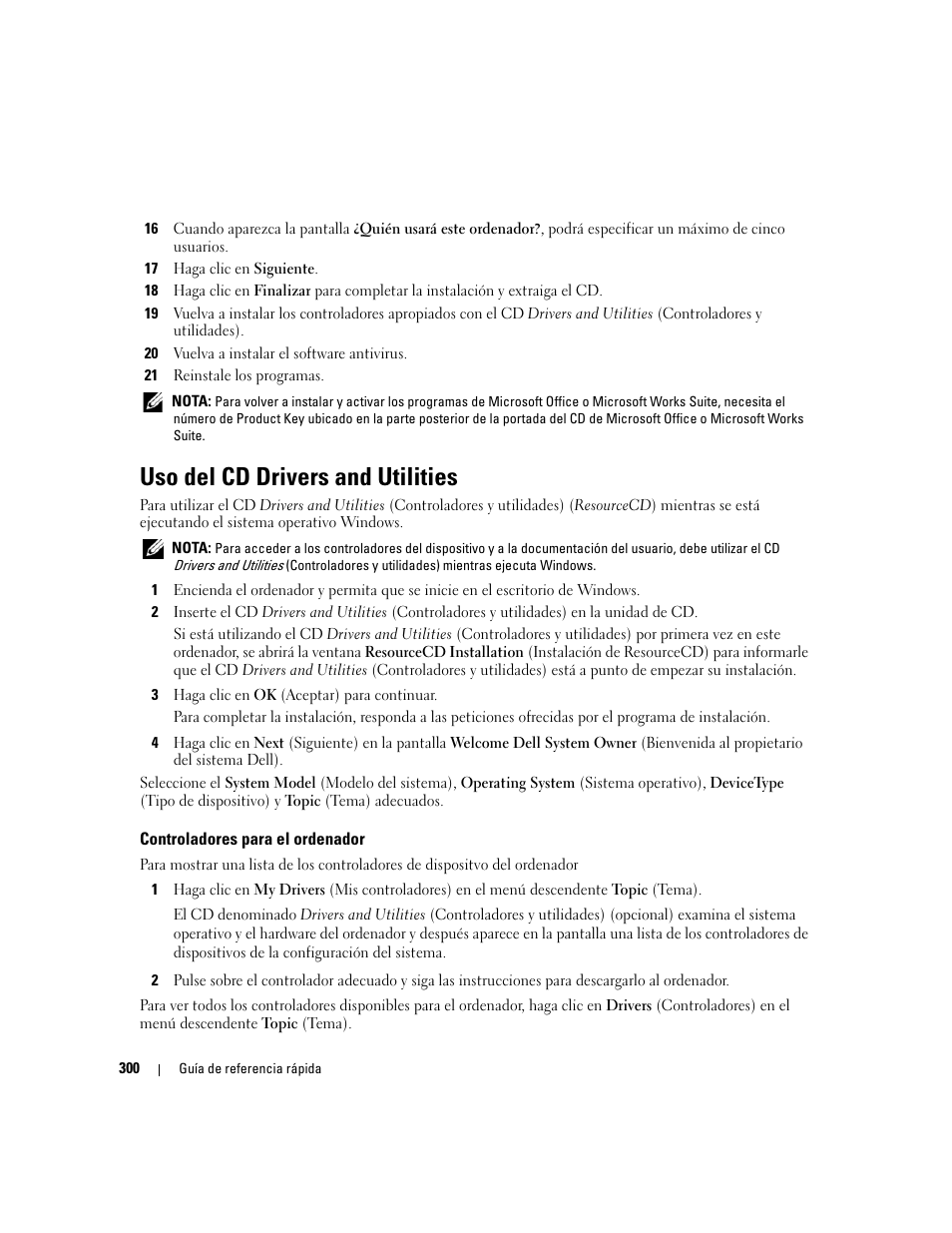 Uso del cd drivers and utilities, Controladores para el ordenador | Dell OptiPlex 745 User Manual | Page 300 / 360