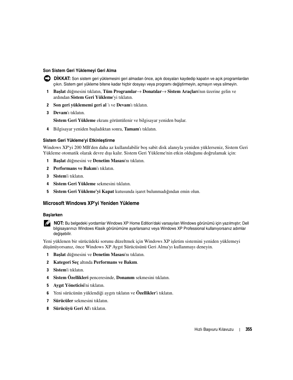 Microsoft windows xp'yi yeniden yükleme | Dell OptiPlex 745 User Manual | Page 355 / 360