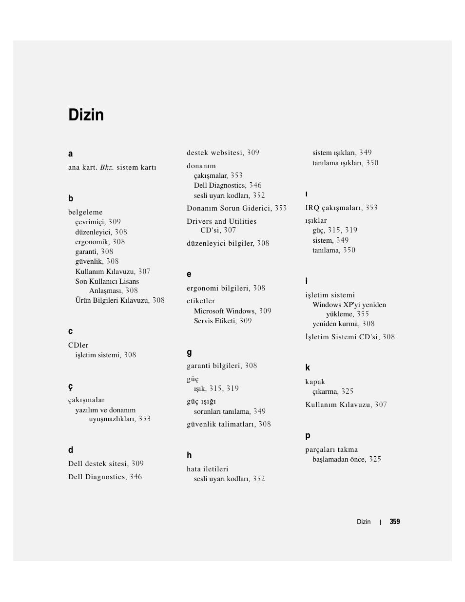 Dizin | Dell OptiPlex 745 User Manual | Page 359 / 360