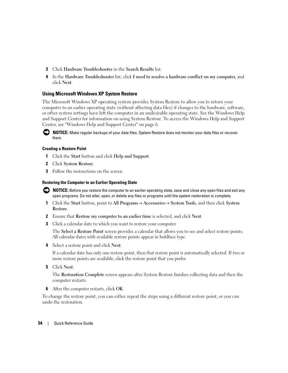 Using microsoft windows xp system restore | Dell OptiPlex 745 User Manual | Page 54 / 360