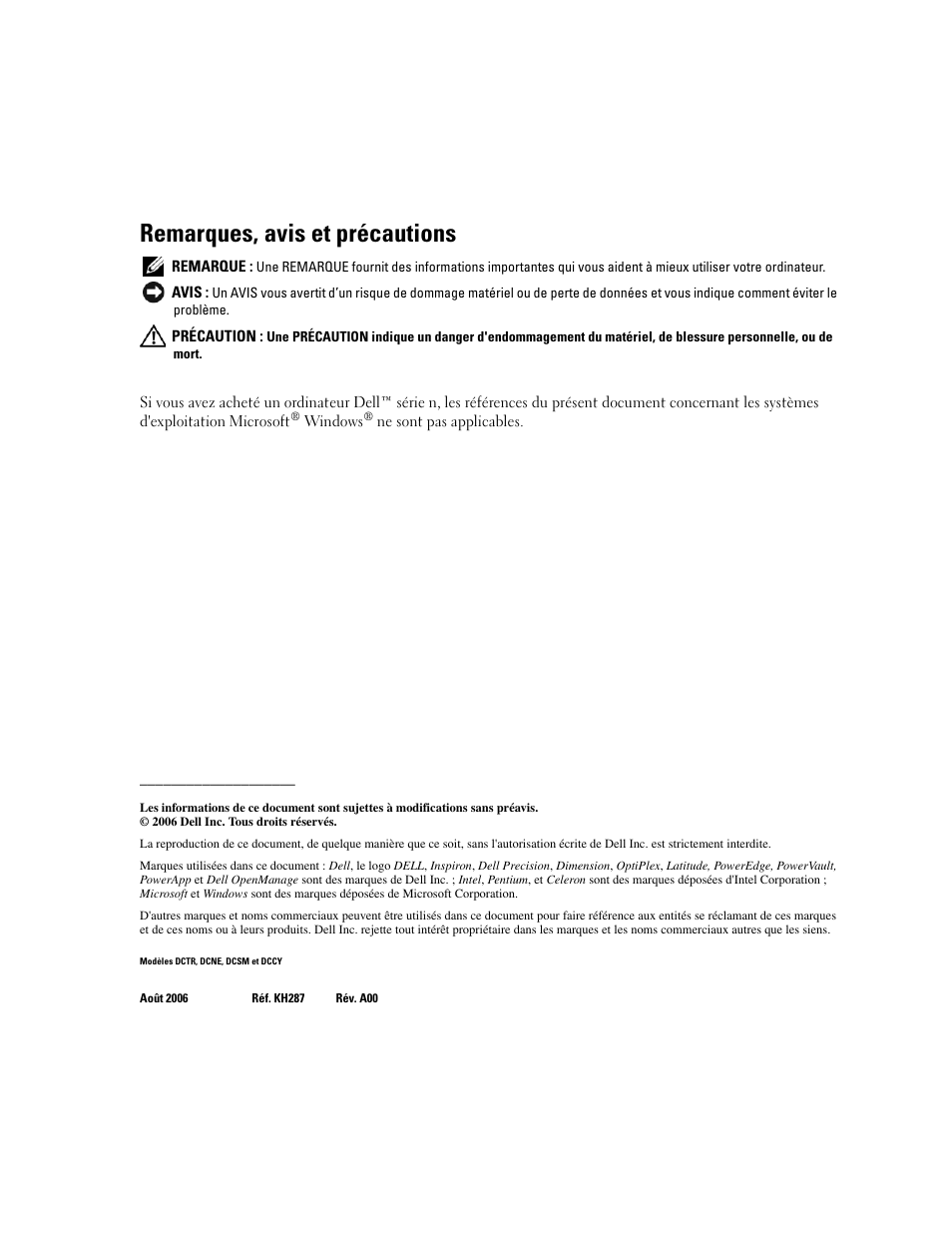 Remarques, avis et précautions | Dell OptiPlex 745 User Manual | Page 62 / 360