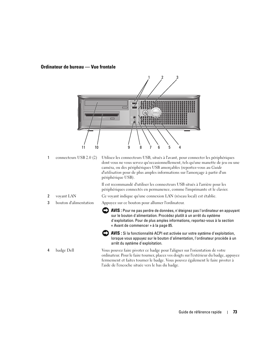 Ordinateur de bureau - vue frontale, Ordinateur de bureau — vue frontale | Dell OptiPlex 745 User Manual | Page 73 / 360
