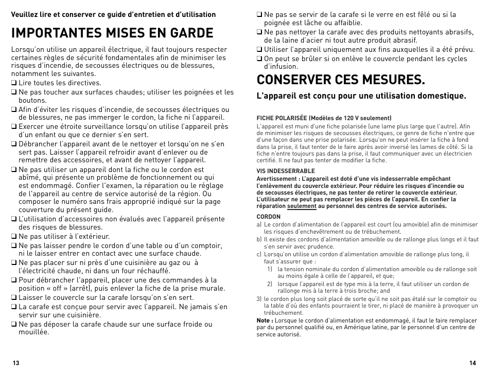 Importantes mises en garde, Conserver ces mesures | Black & Decker DCM675BF User Manual | Page 8 / 13