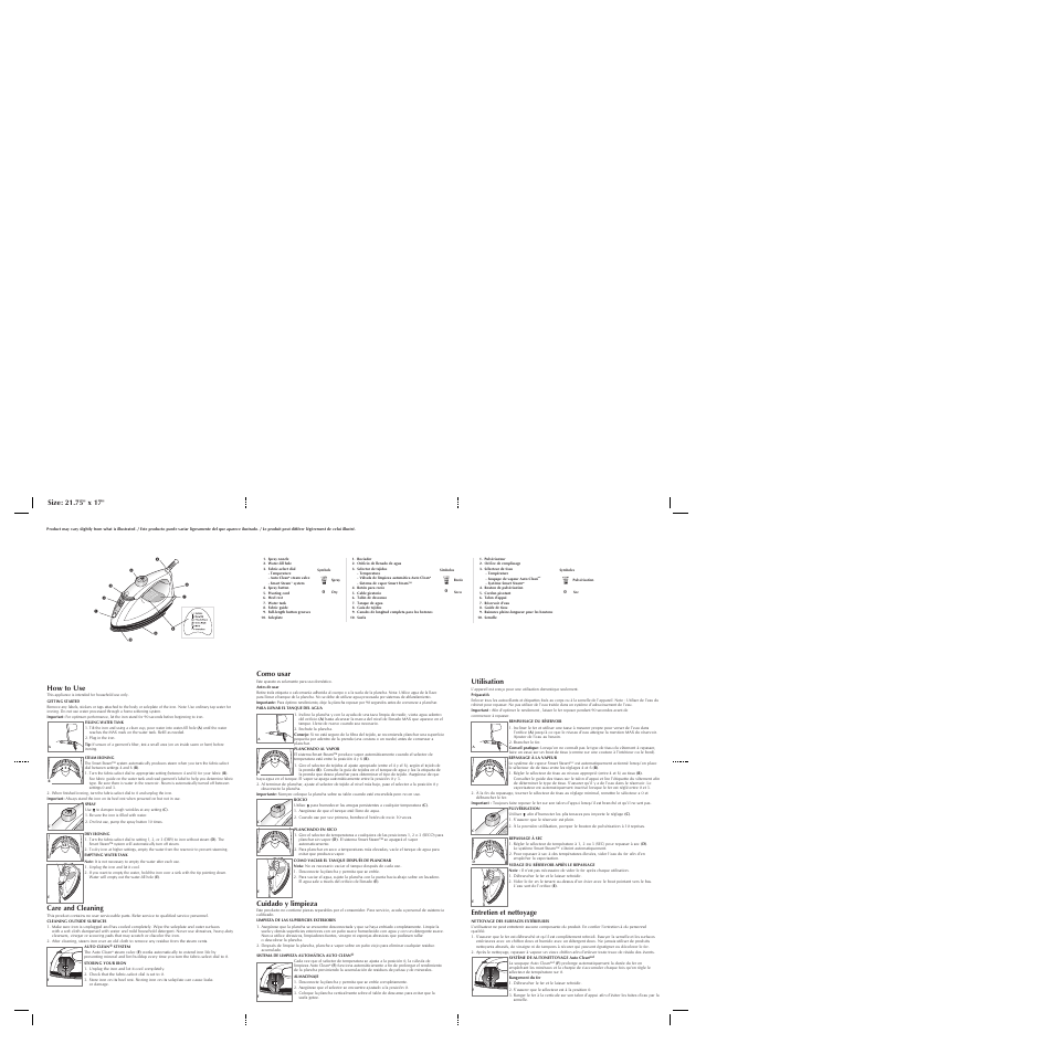 Care and cleaning, Como usar, Cuidado y limpieza | Utilisation, Entretien et nettoyage | Black & Decker PRESS 'N GO IR100 User Manual | Page 2 / 2