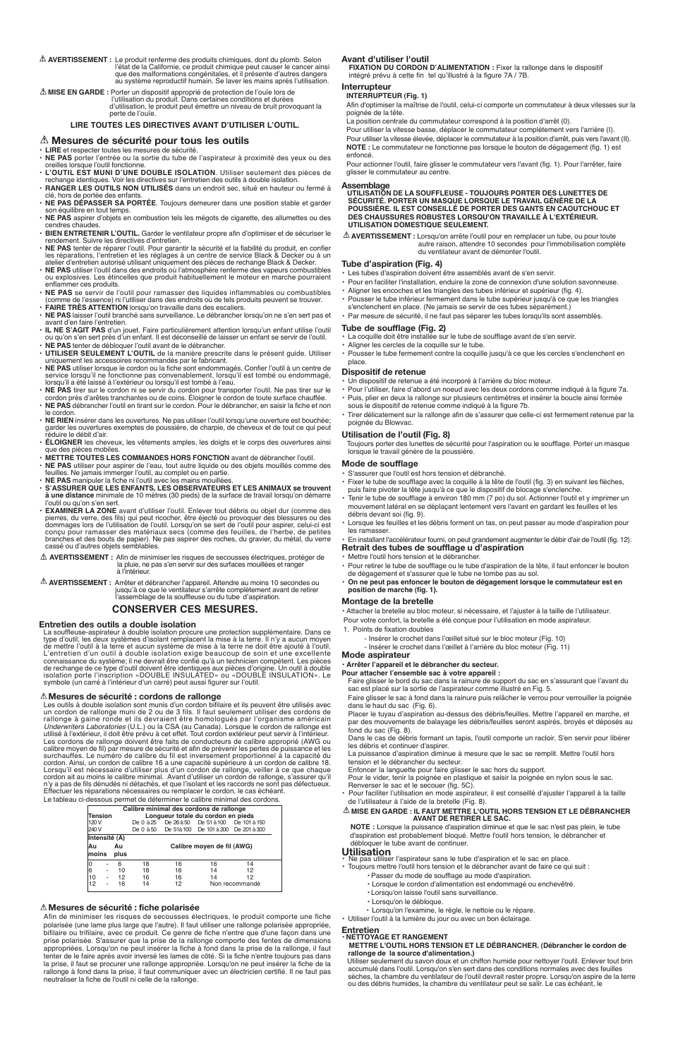 Mesures de sécurité pour tous les outils, Conserver ces mesures, Utilisation | Black & Decker Leaf Hog 492172-00 User Manual | Page 3 / 5