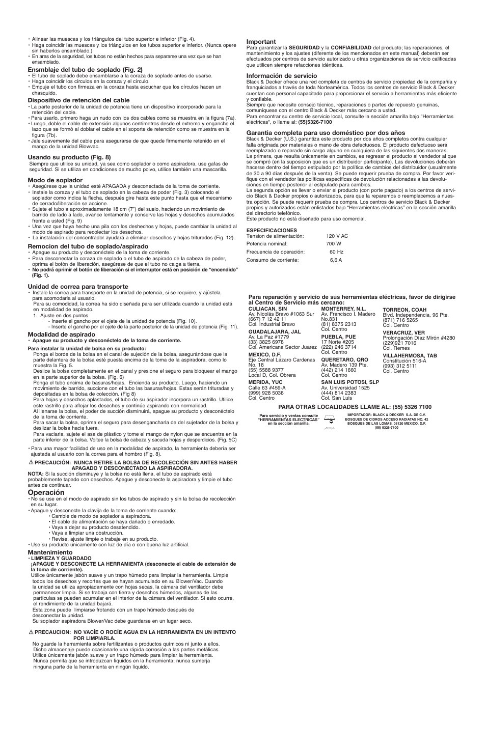 Operación | Black & Decker Leaf Hog 492172-00 User Manual | Page 5 / 5