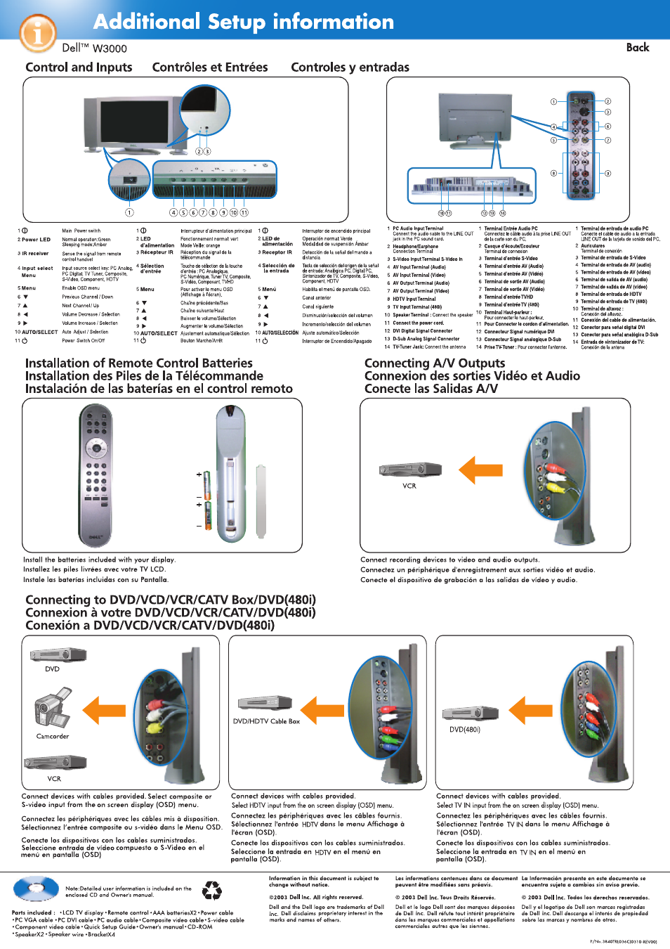 Ditional setup information, Dell™ w3000, Control and inputs | Controles et entrées controles y entradas, Back | Dell W3000 TV User Manual | Page 2 / 2