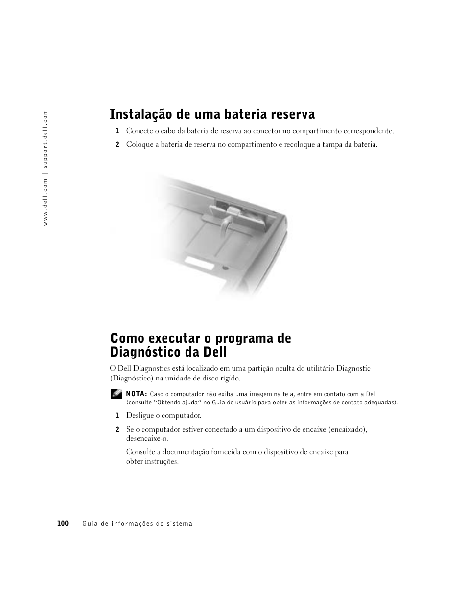 Instalação de uma bateria reserva, Como executar o programa de diagnóstico da dell | Dell Latitude D800 User Manual | Page 102 / 146