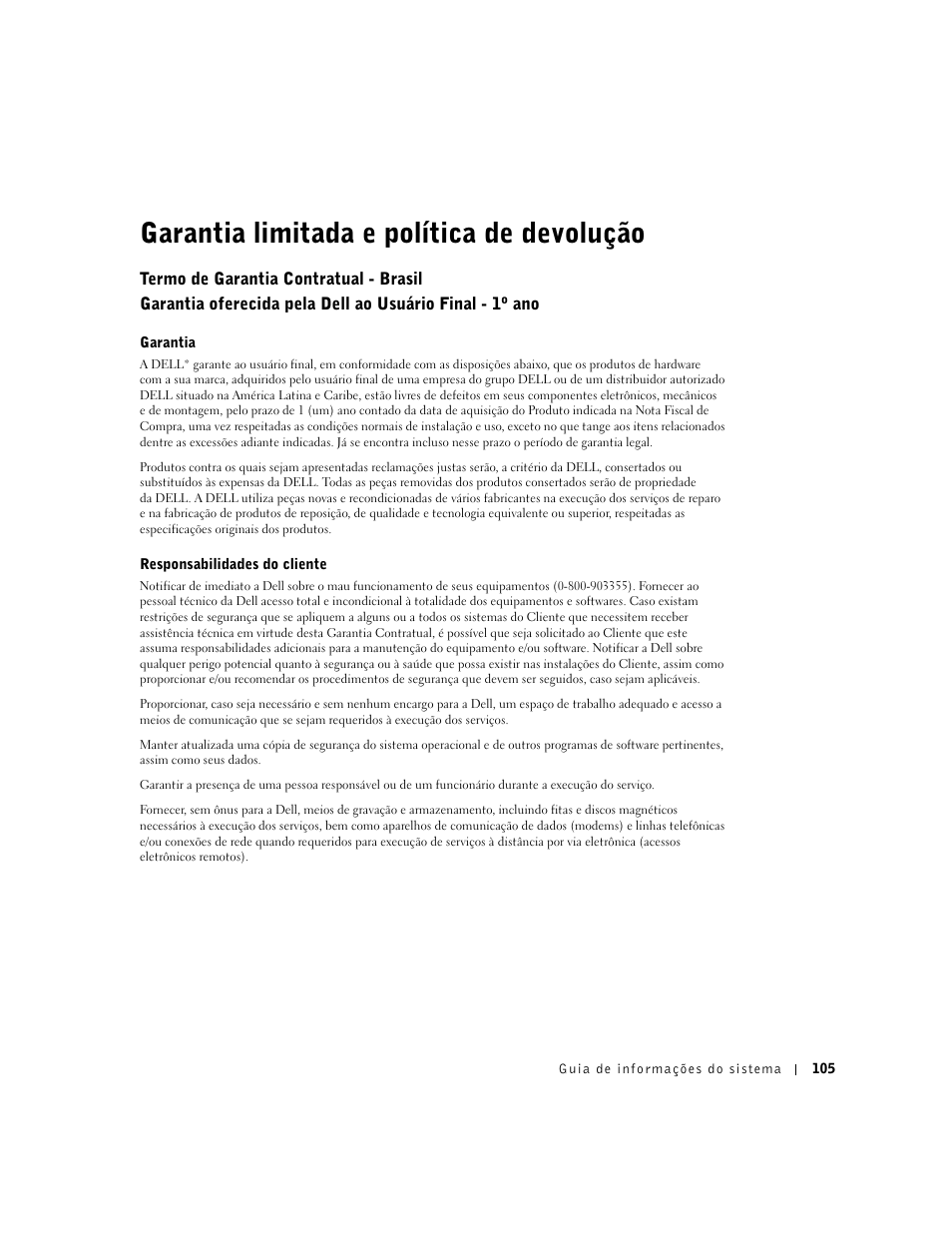 Garantia limitada e política de devolução | Dell Latitude D800 User Manual | Page 107 / 146