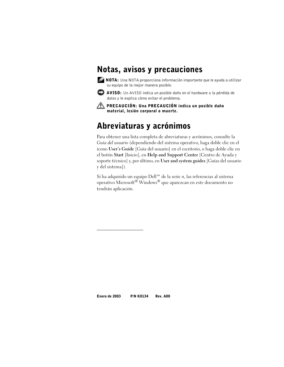 Notas, avisos y precauciones, Abreviaturas y acrónimos | Dell Latitude D800 User Manual | Page 112 / 146