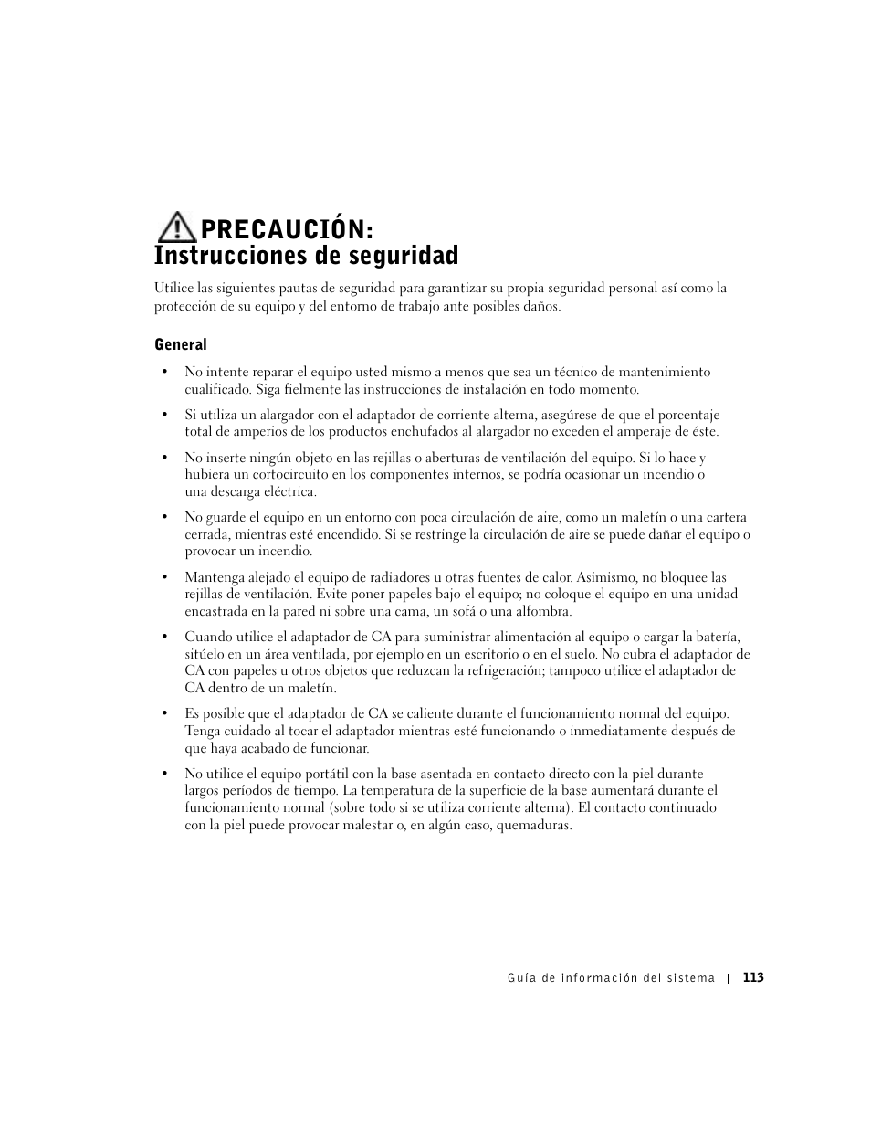 Precaución: instrucciones de seguridad, General | Dell Latitude D800 User Manual | Page 115 / 146