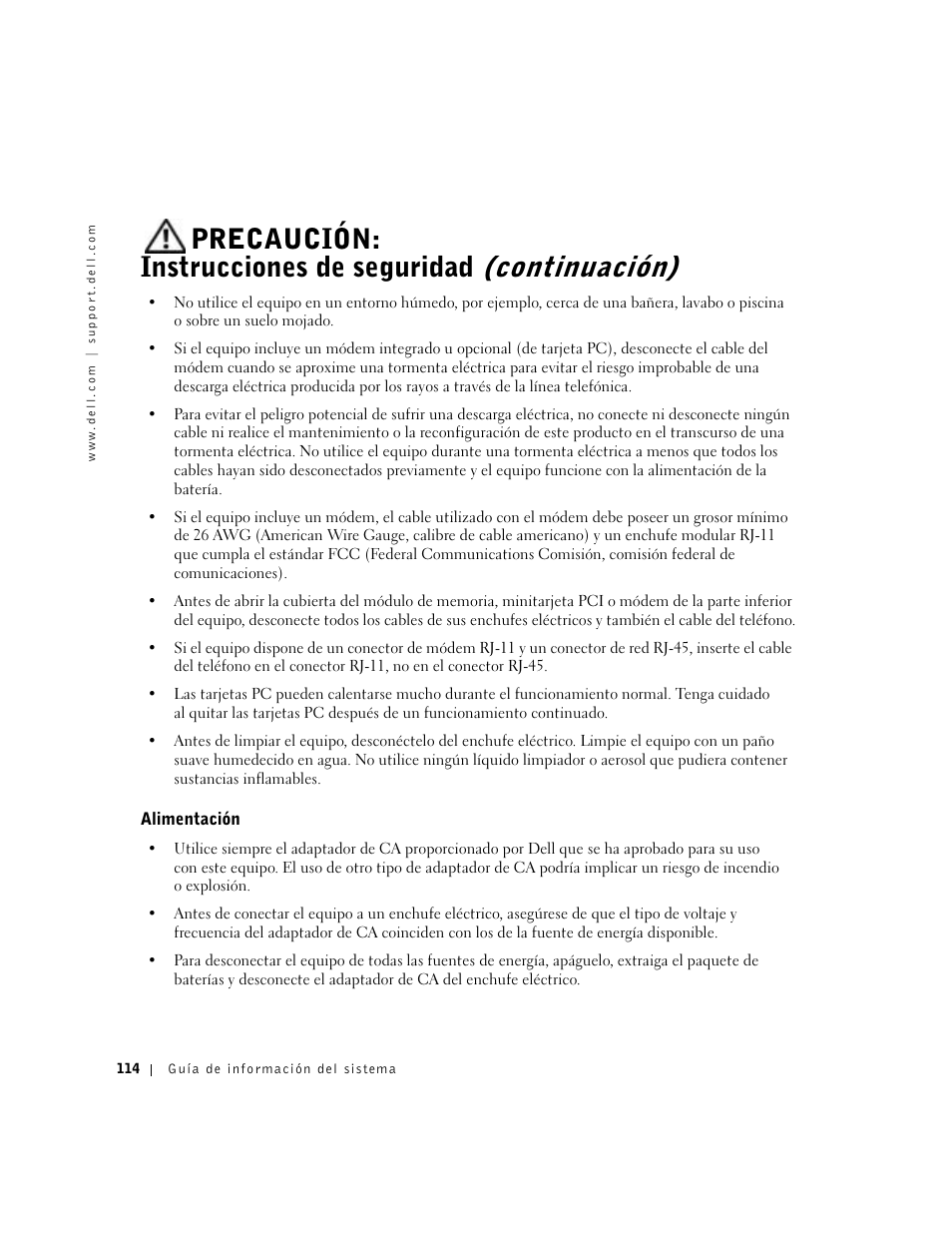 Alimentación | Dell Latitude D800 User Manual | Page 116 / 146