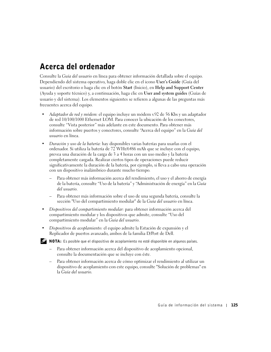 Acerca del ordenador | Dell Latitude D800 User Manual | Page 127 / 146