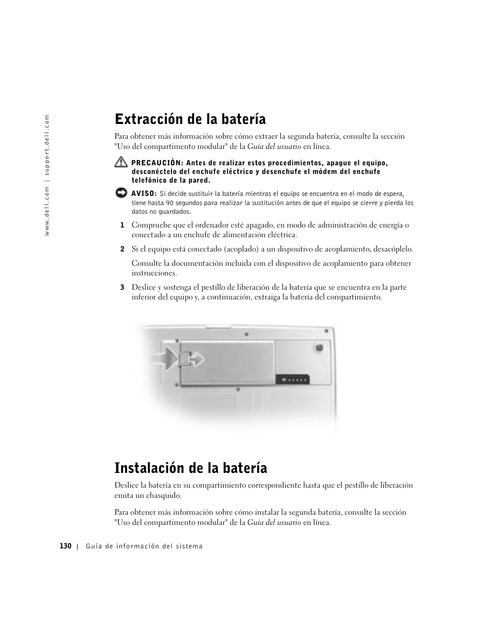 Extracción de la batería, Instalación de la batería | Dell Latitude D800 User Manual | Page 132 / 146