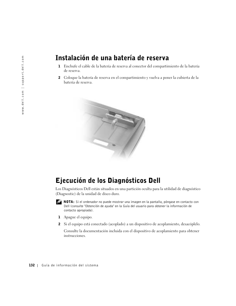 Instalación de una batería de reserva, Ejecución de los diagnósticos dell | Dell Latitude D800 User Manual | Page 134 / 146