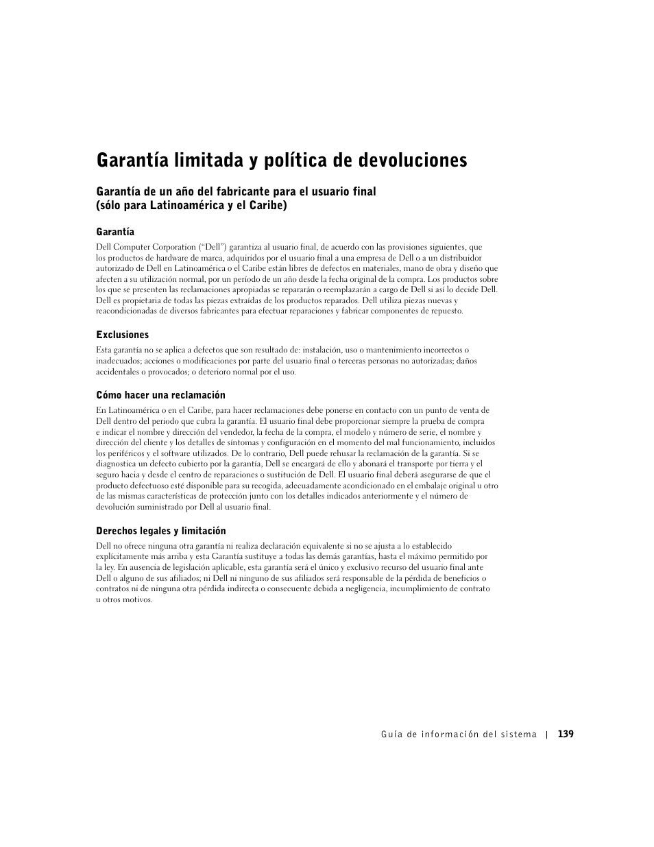 Garantía limitada y política de devoluciones | Dell Latitude D800 User Manual | Page 141 / 146