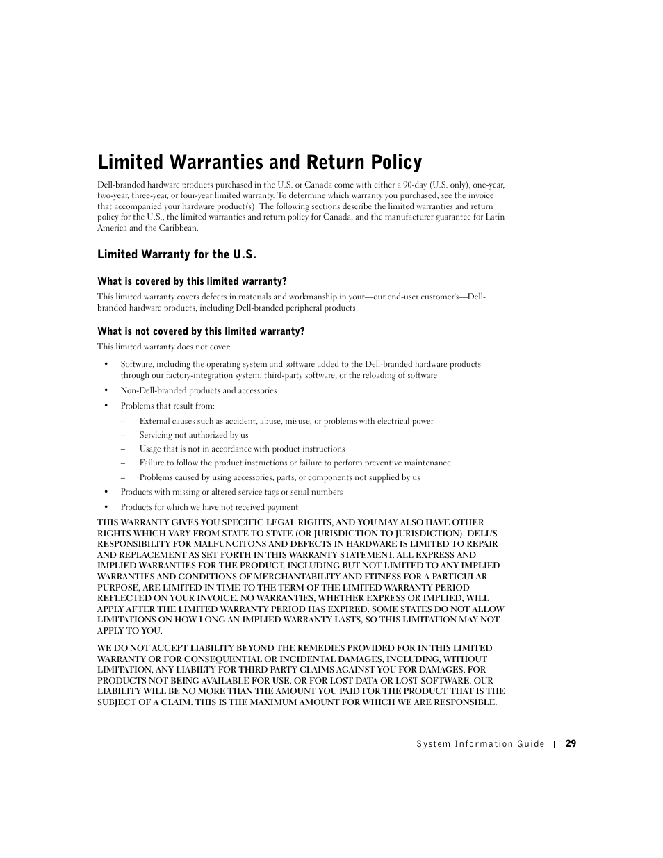 Limited warranties and return policy, Limited warranty for the u.s | Dell Latitude D800 User Manual | Page 31 / 146