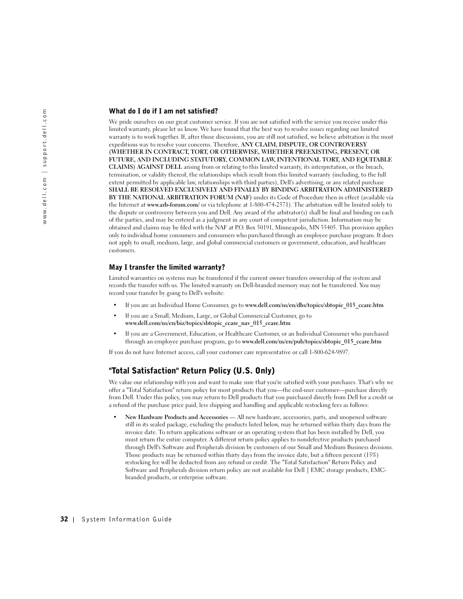 Total satisfaction" return policy (u.s. only) | Dell Latitude D800 User Manual | Page 34 / 146