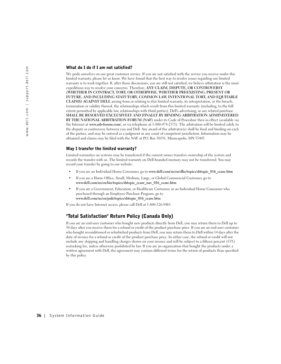 Total satisfaction" return policy (canada only) | Dell Latitude D800 User Manual | Page 38 / 146