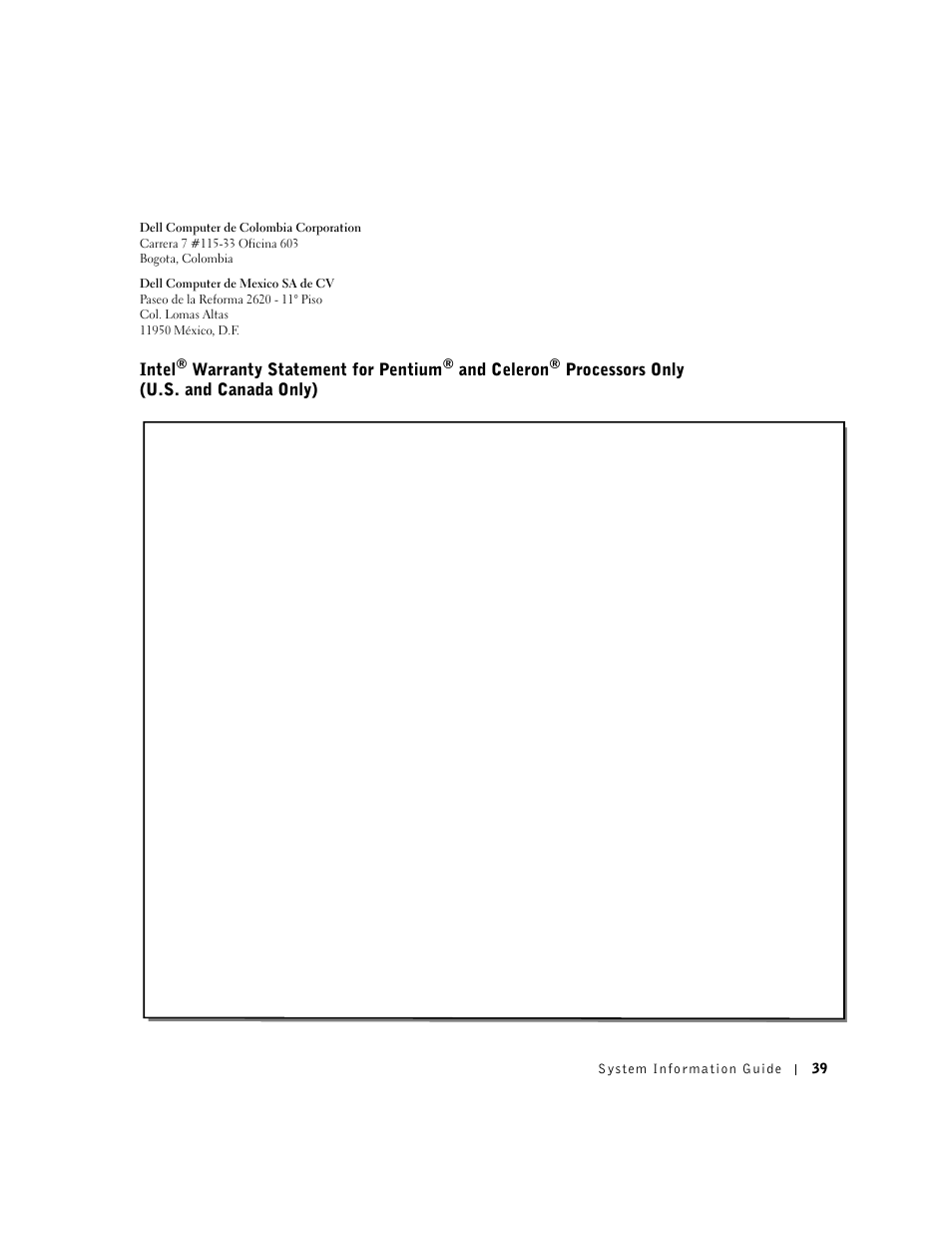 Intel, Warranty statement for pentium, And celeron | Processors only (u.s. and canada only) | Dell Latitude D800 User Manual | Page 41 / 146