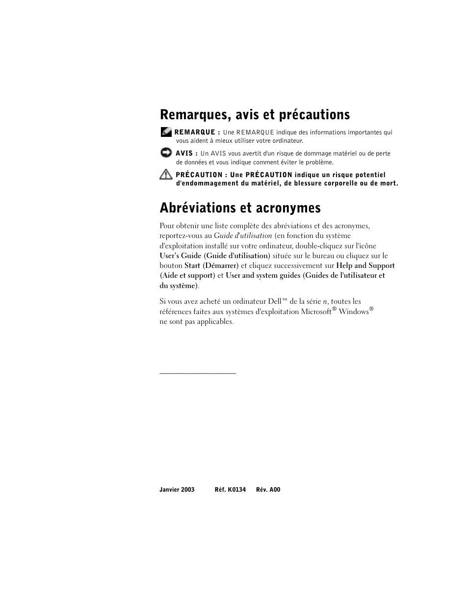 Remarques, avis et précautions, Abréviations et acronymes | Dell Latitude D800 User Manual | Page 44 / 146