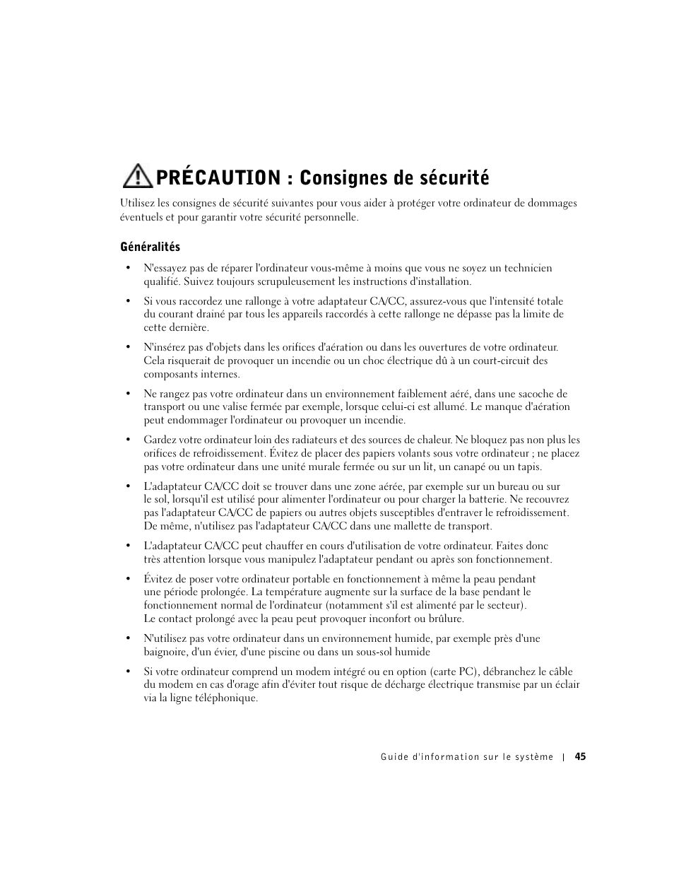 Précaution : consignes de sécurité, Généralités | Dell Latitude D800 User Manual | Page 47 / 146