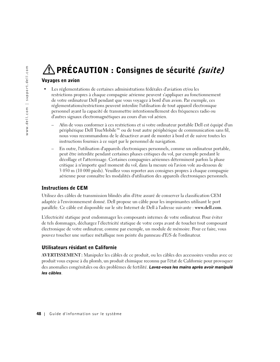 Voyages en avion, Instructions de cem, Utilisateurs résidant en californie | Précaution : consignes de sécurité (suite) | Dell Latitude D800 User Manual | Page 50 / 146